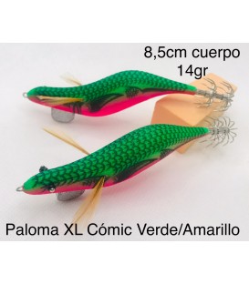 Pez artesano Paloma XL 8.5cm Cómic verde barriga rosa.